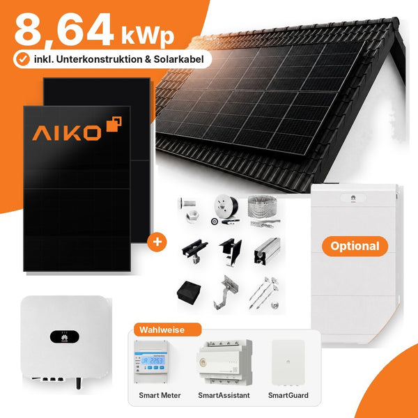 8,64 kWp PV-Anlage Schrägdach mit 18x AIKO 480 Wp und Huawei SUN2000-8K-MAP0 inkl. Unterkonstruktion