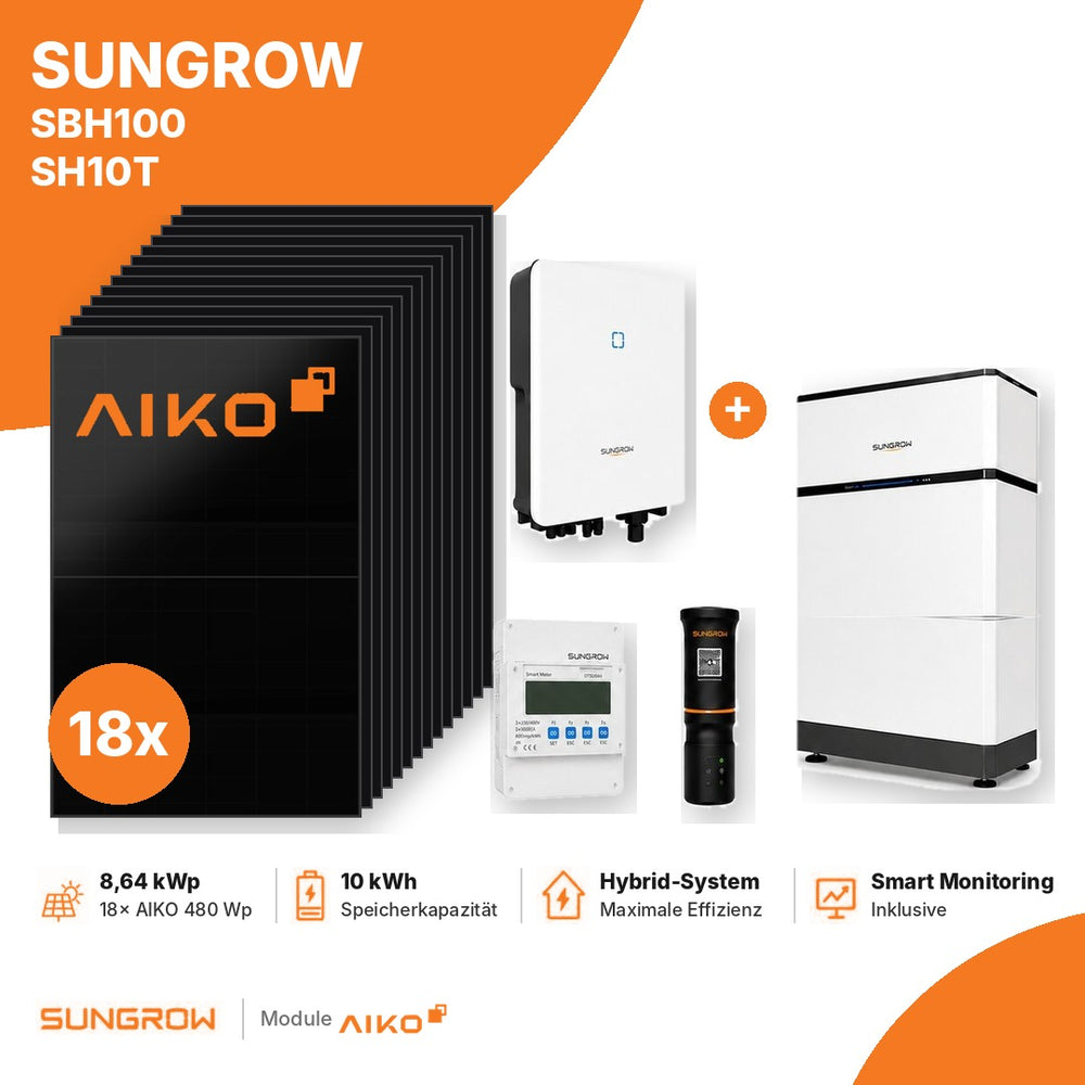 8,64 kWp PV-Komplettset mit 18x AIKO 480 Wp, Sungrow SH10T und Speicher SBH100