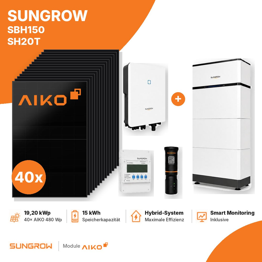 19,2 kWp PV-Komplettset mit 40x AIKO 480 Wp, Sungrow SH20T und Speicher SBH150