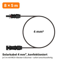 Solarkabel-Set 8 × 5 m, 4 mm², konfektioniert mit MC4-Stecker und Buchse